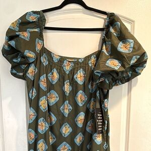 Tuckernuck Olive Green Floral Puff-Sleeve Dress